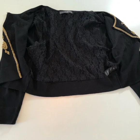Twenty One Black Beaded Cardigan Sweater Women’s L Gold Beads Pearls Lace Lining - Picture 15 of 15
